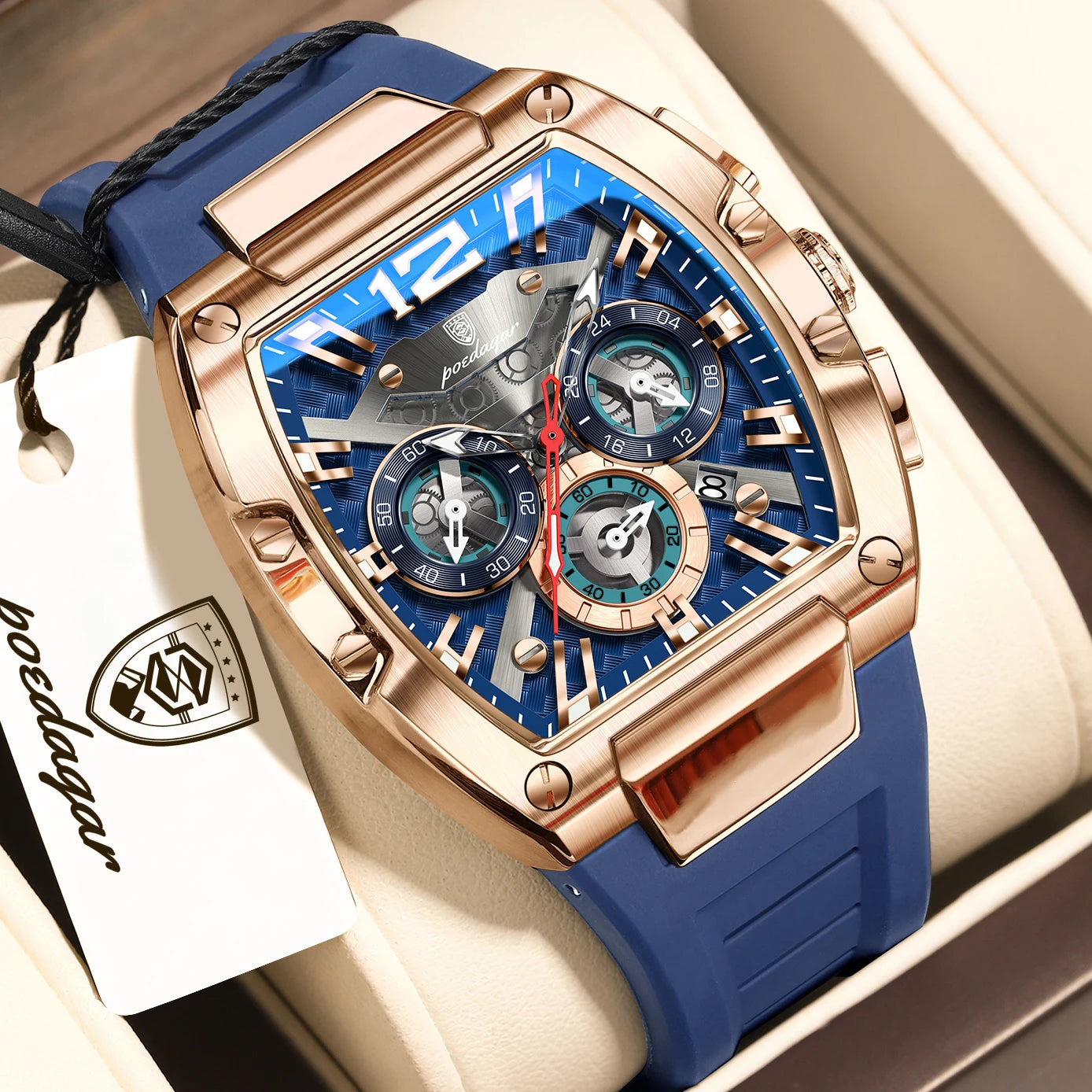 Tonneau Chronograph Watch – Roman Numeral Dial with Sapphire Crystal & Silicone Strap