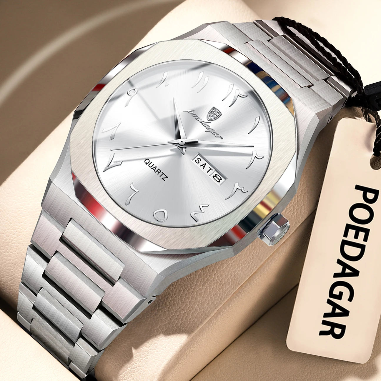 Irregular Shape Full Calendar Watch – Date & Week Display with Hidden Clasp