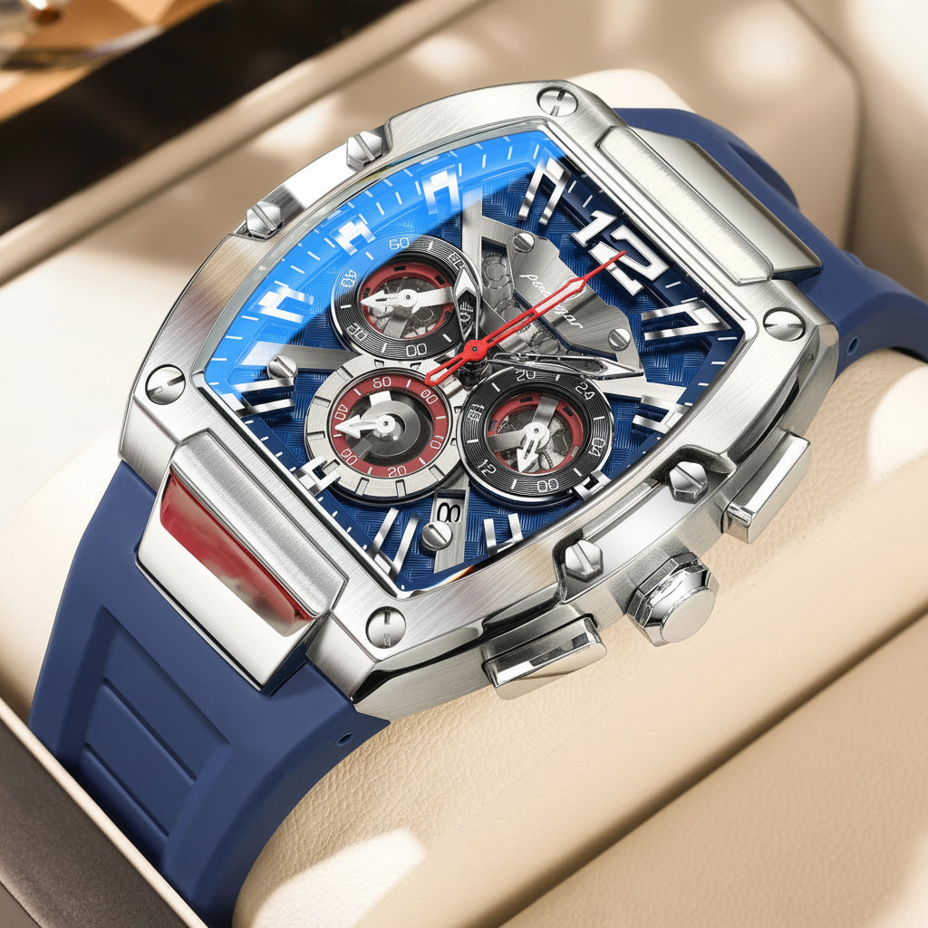 Bold Tonneau Timepiece – Luminous Chronograph with Premium Silicone Strap