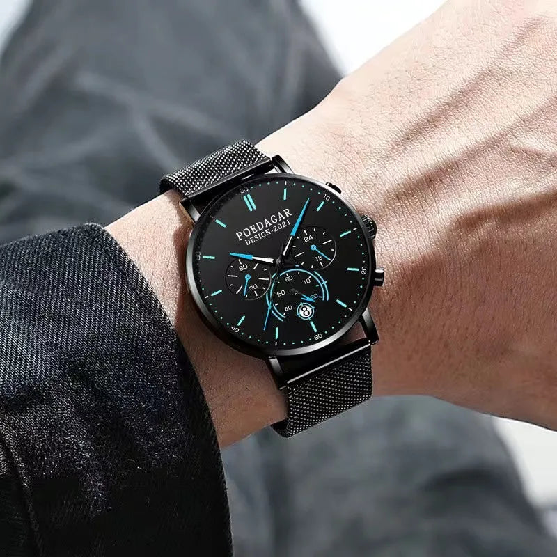 Ultra-Thin Chronograph Watch – Mesh Belt Bracelet with Luminous Dial & Full Calendar