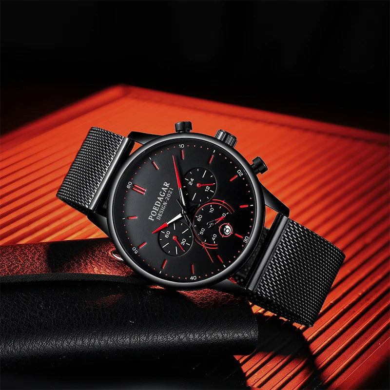 Ultra-Thin Chronograph Watch – Mesh Belt Bracelet with Luminous Dial & Full Calendar