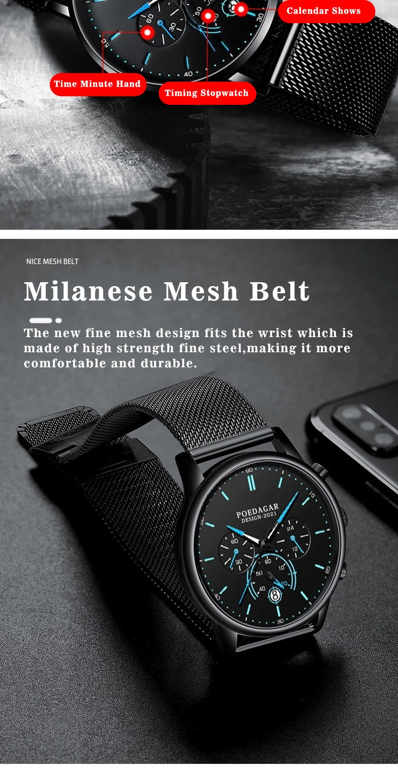 Ultra-Thin Chronograph Watch – Mesh Belt Bracelet with Luminous Dial & Full Calendar