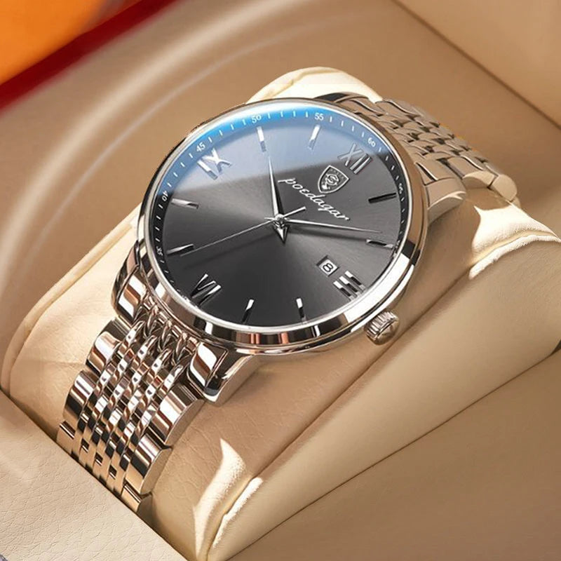 Roman Numeral Full Calendar Watch – Stainless Steel Bracelet with Stopwatch & Safety Clasp