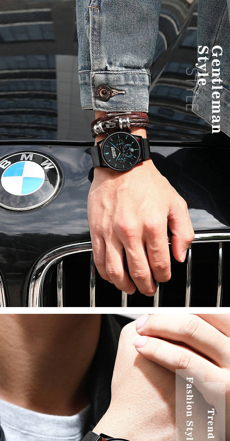 Ultra-Thin Chronograph Watch – Mesh Belt Bracelet with Luminous Dial & Full Calendar