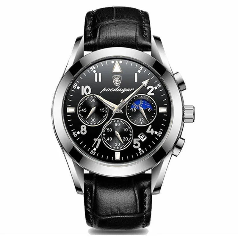 Roman Numeral Leather Watch – Luminous Dial with Full Calendar