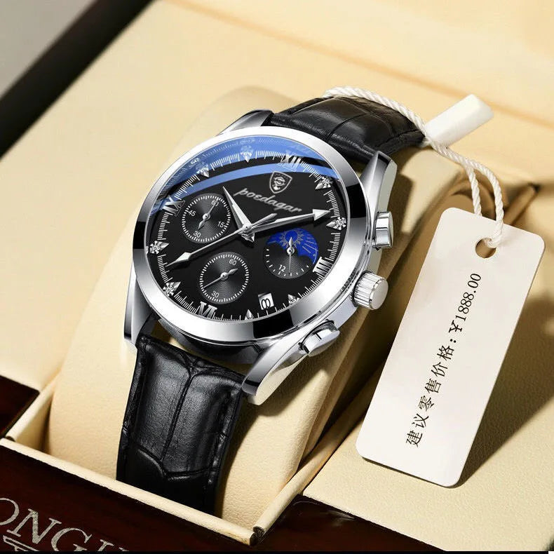 Roman Numeral Leather Watch – Luminous Dial with Full Calendar