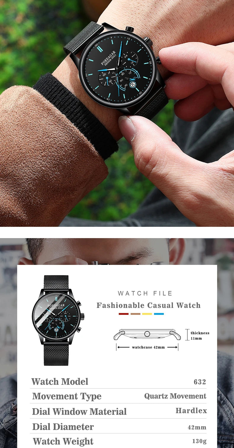 Ultra-Thin Chronograph Watch – Mesh Belt Bracelet with Luminous Dial & Full Calendar