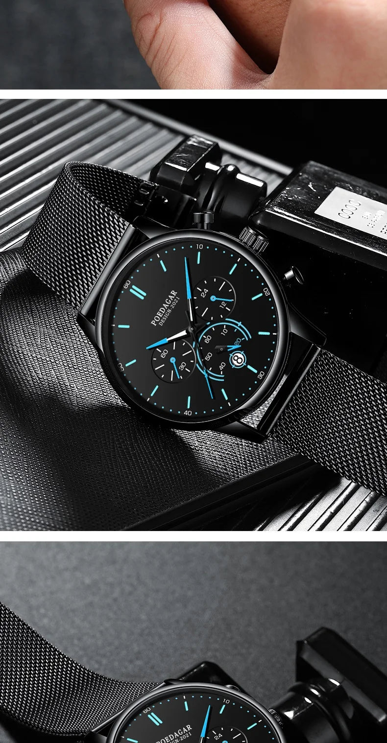 Ultra-Thin Chronograph Watch – Mesh Belt Bracelet with Luminous Dial & Full Calendar