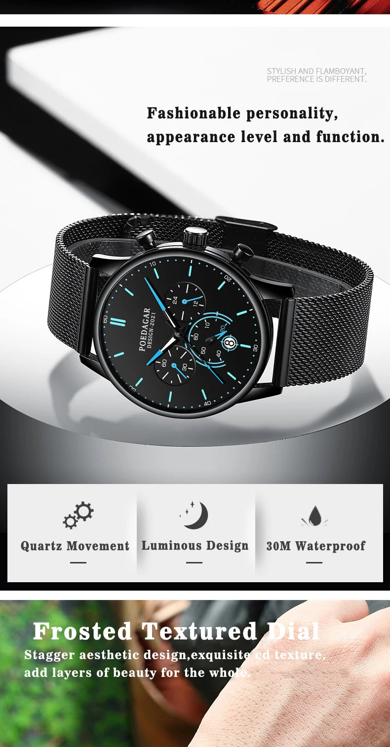 Ultra-Thin Chronograph Watch – Mesh Belt Bracelet with Luminous Dial & Full Calendar