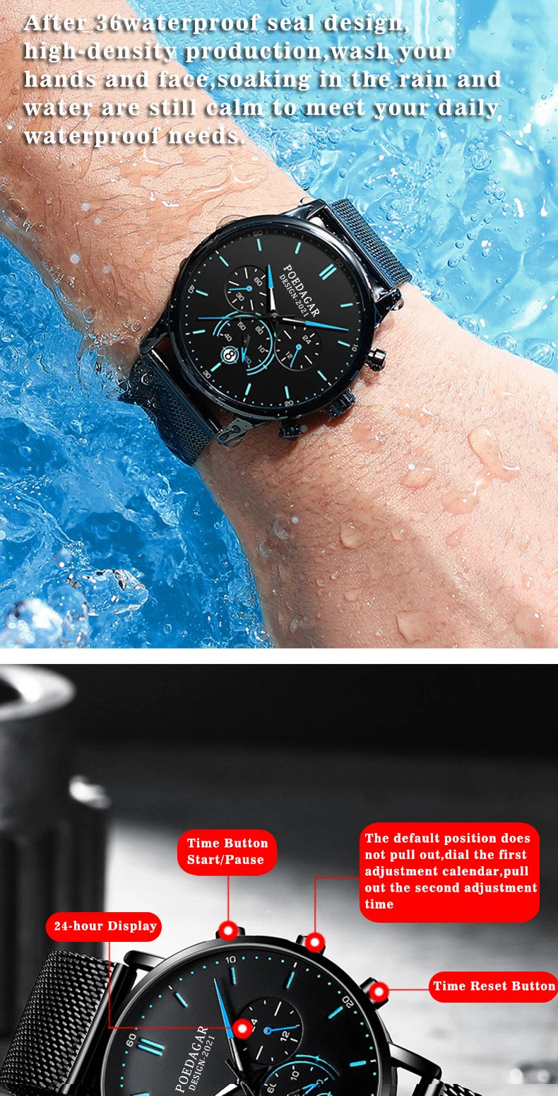 Ultra-Thin Chronograph Watch – Mesh Belt Bracelet with Luminous Dial & Full Calendar
