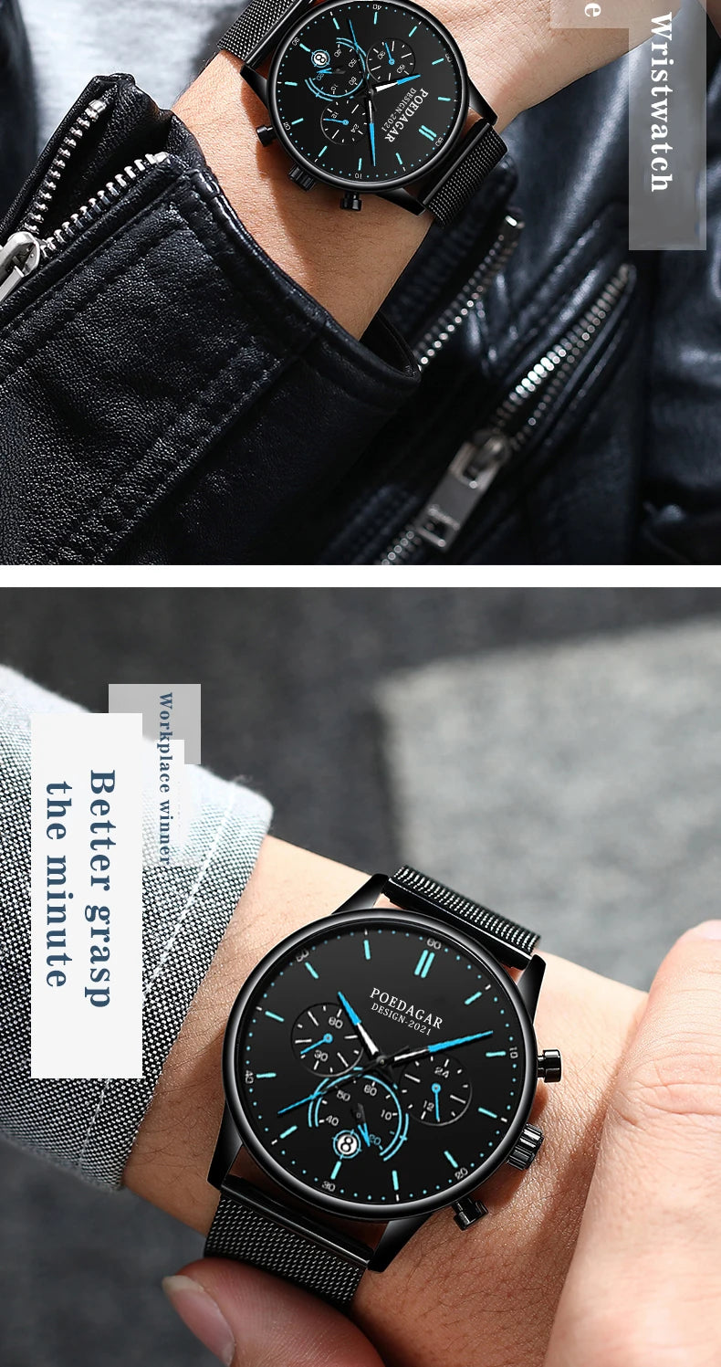 Ultra-Thin Chronograph Watch – Mesh Belt Bracelet with Luminous Dial & Full Calendar