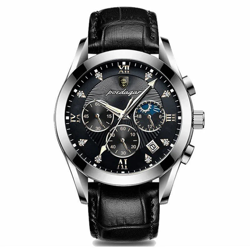 Roman Numeral Leather Watch – Luminous Dial with Full Calendar