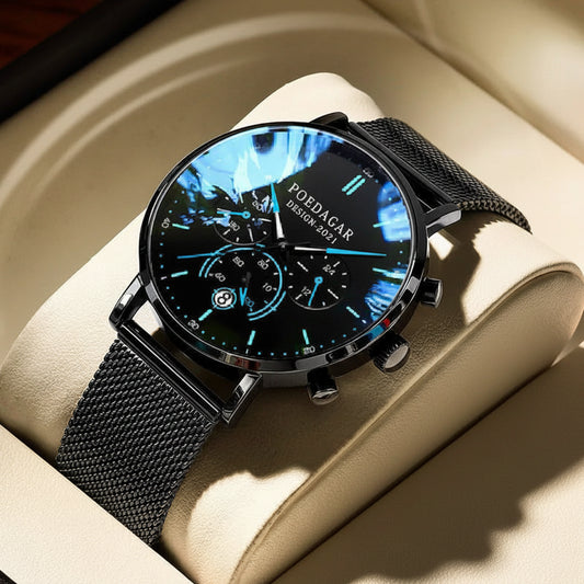 Ultra-Thin Chronograph Watch – Mesh Belt Bracelet with Luminous Dial & Full Calendar