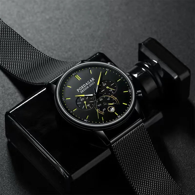 Ultra-Thin Chronograph Watch – Mesh Belt Bracelet with Luminous Dial & Full Calendar