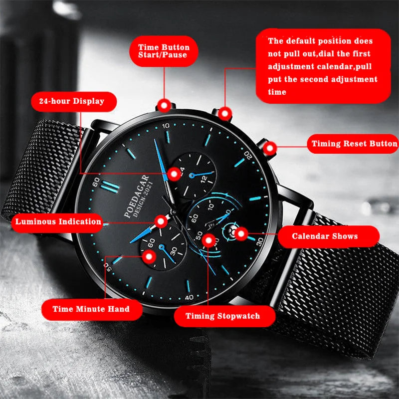 Ultra-Thin Chronograph Watch – Mesh Belt Bracelet with Luminous Dial & Full Calendar