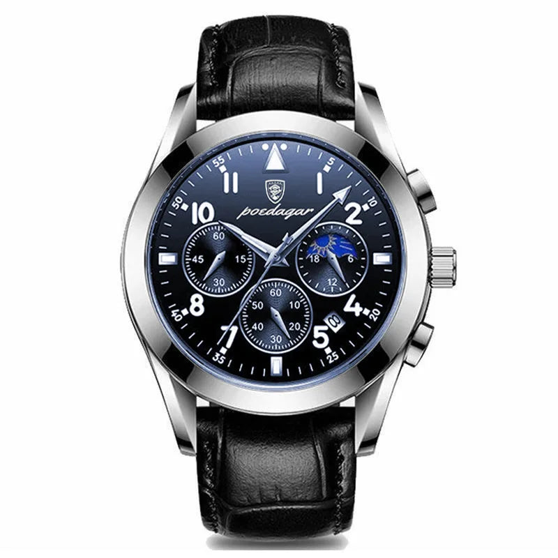 Roman Numeral Leather Watch – Luminous Dial with Full Calendar