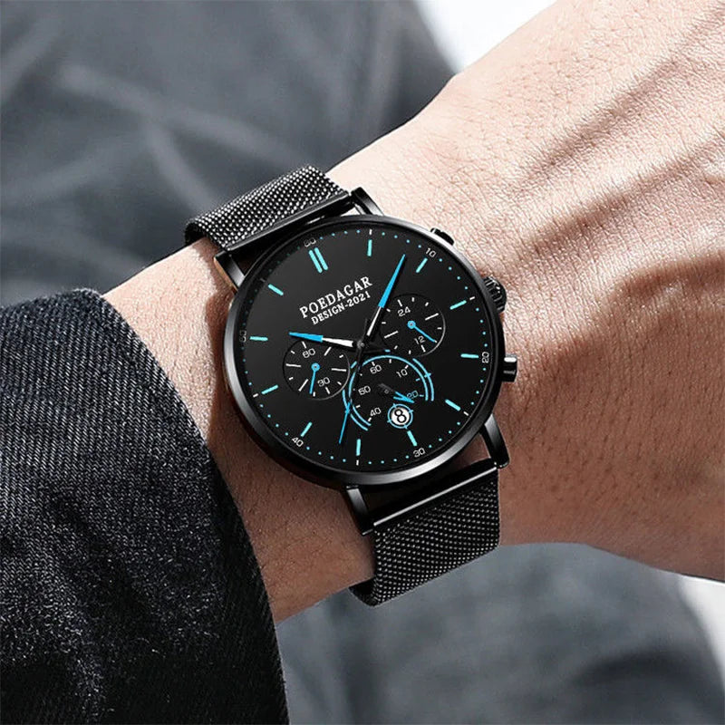 Ultra-Thin Chronograph Watch – Mesh Belt Bracelet with Luminous Dial & Full Calendar