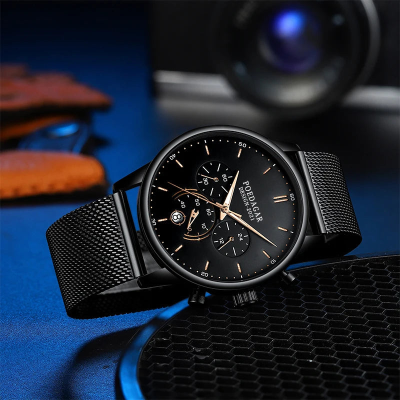 Ultra-Thin Chronograph Watch – Mesh Belt Bracelet with Luminous Dial & Full Calendar