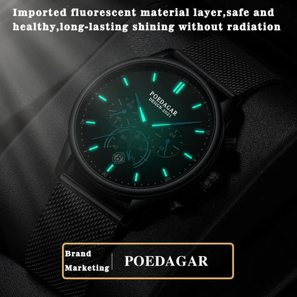 Ultra-Thin Chronograph Watch – Mesh Belt Bracelet with Luminous Dial & Full Calendar