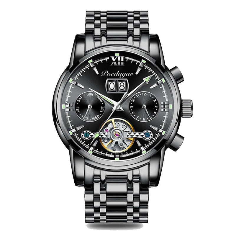 Automatic Tourbillon Style Watch – Chronograph & Full Calendar with Hidden Clasp Bracelet