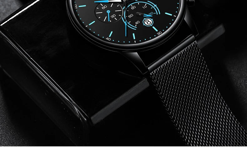 Ultra-Thin Chronograph Watch – Mesh Belt Bracelet with Luminous Dial & Full Calendar