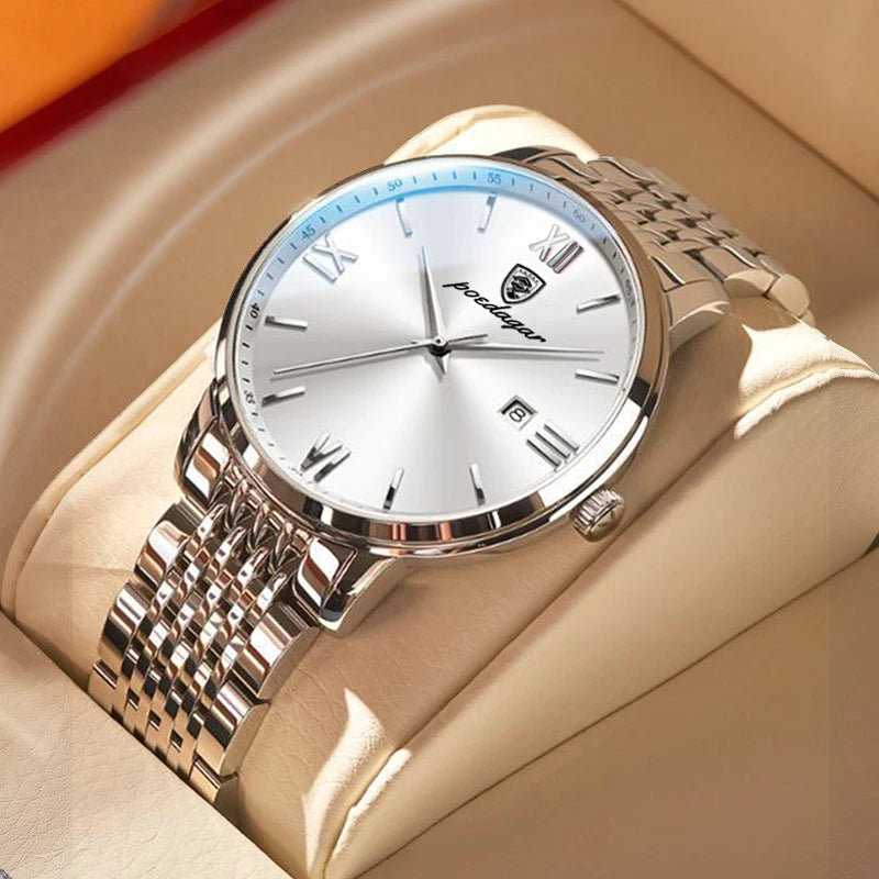 Roman Numeral Full Calendar Watch – Stainless Steel Bracelet with Stopwatch & Safety Clasp
