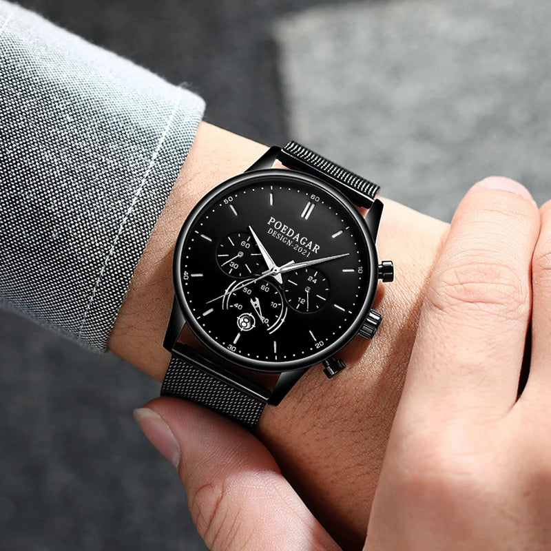 Ultra-Thin Chronograph Watch – Mesh Belt Bracelet with Luminous Dial & Full Calendar