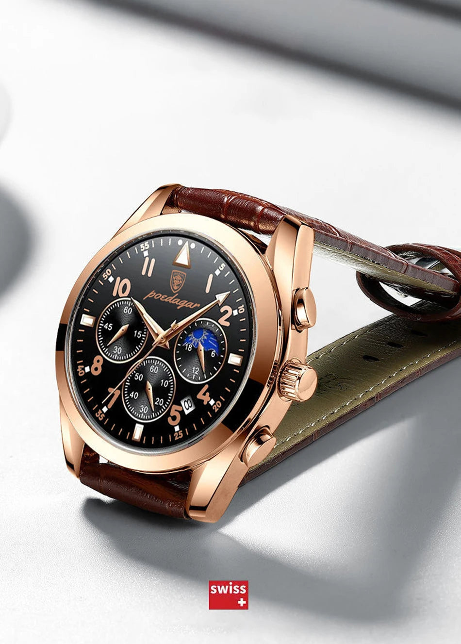 Rose Gold Chronograph Watch – Full Calendar with Arabic Dial & Bracelet