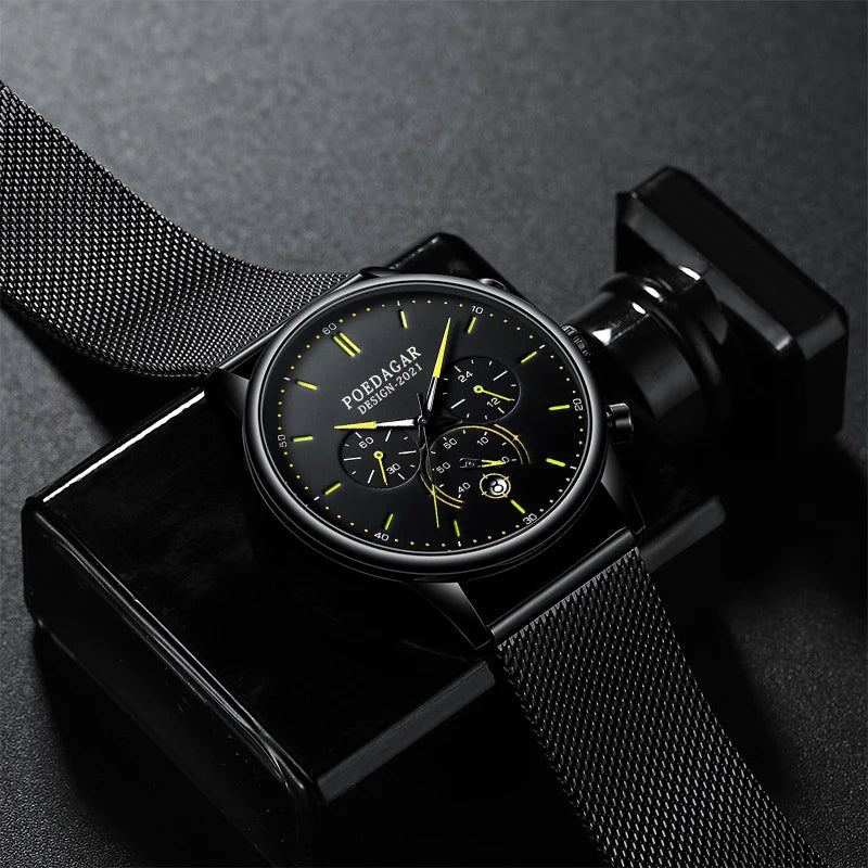 Ultra-Thin Chronograph Watch – Mesh Belt Bracelet with Luminous Dial & Full Calendar