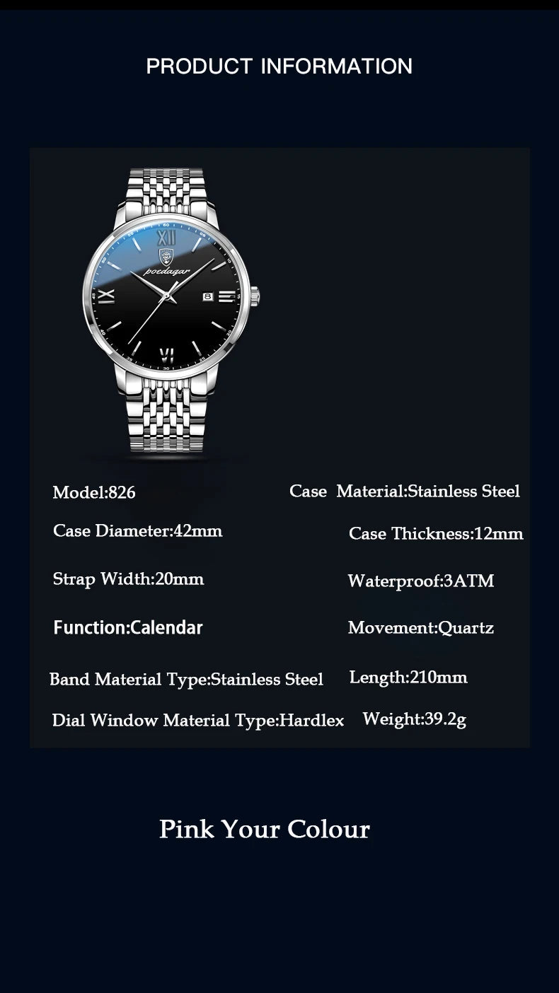 Roman Numeral Full Calendar Watch – Stainless Steel Bracelet with Stopwatch & Safety Clasp
