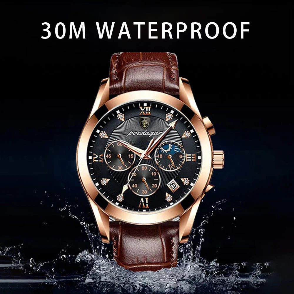Roman Numeral Leather Watch – Luminous Dial with Full Calendar