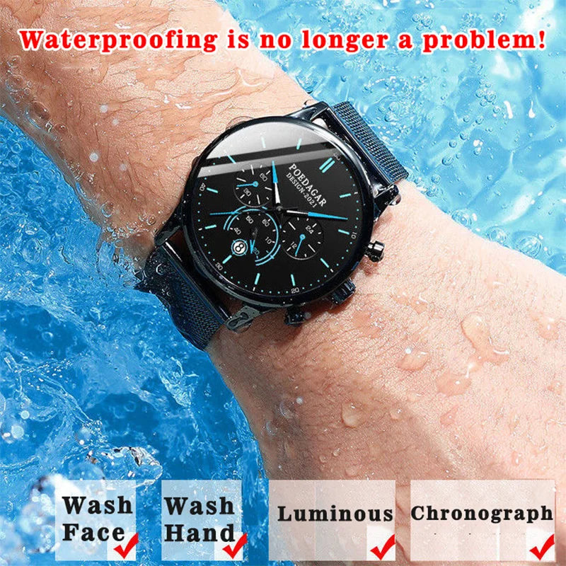 Ultra-Thin Chronograph Watch – Mesh Belt Bracelet with Luminous Dial & Full Calendar