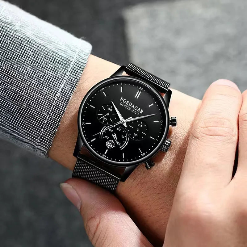 Ultra-Thin Chronograph Watch – Mesh Belt Bracelet with Luminous Dial & Full Calendar