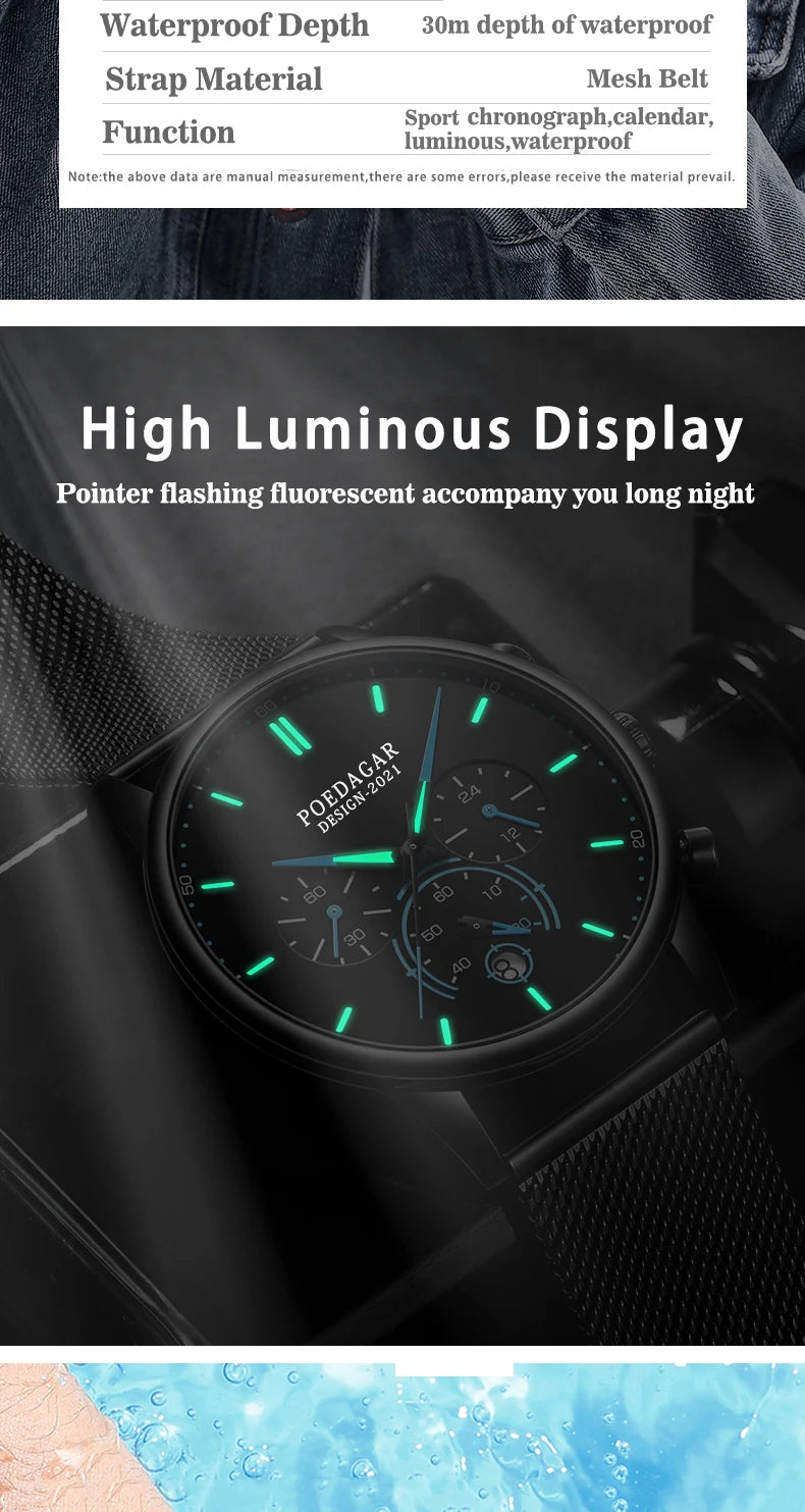 Ultra-Thin Chronograph Watch – Mesh Belt Bracelet with Luminous Dial & Full Calendar