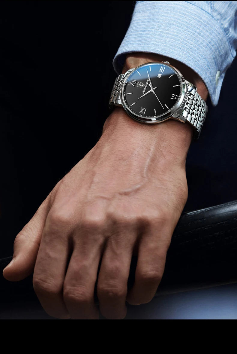 Roman Numeral Full Calendar Watch – Stainless Steel Bracelet with Stopwatch & Safety Clasp