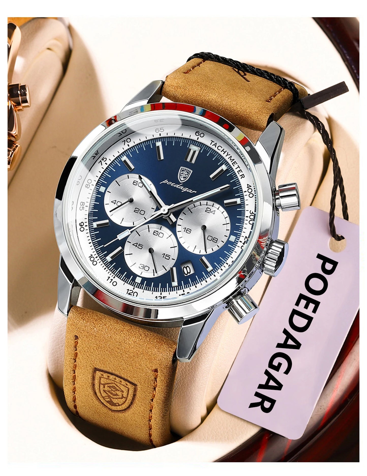 Chronograph Leather Watch – Luminous Numberless Dial with Date
