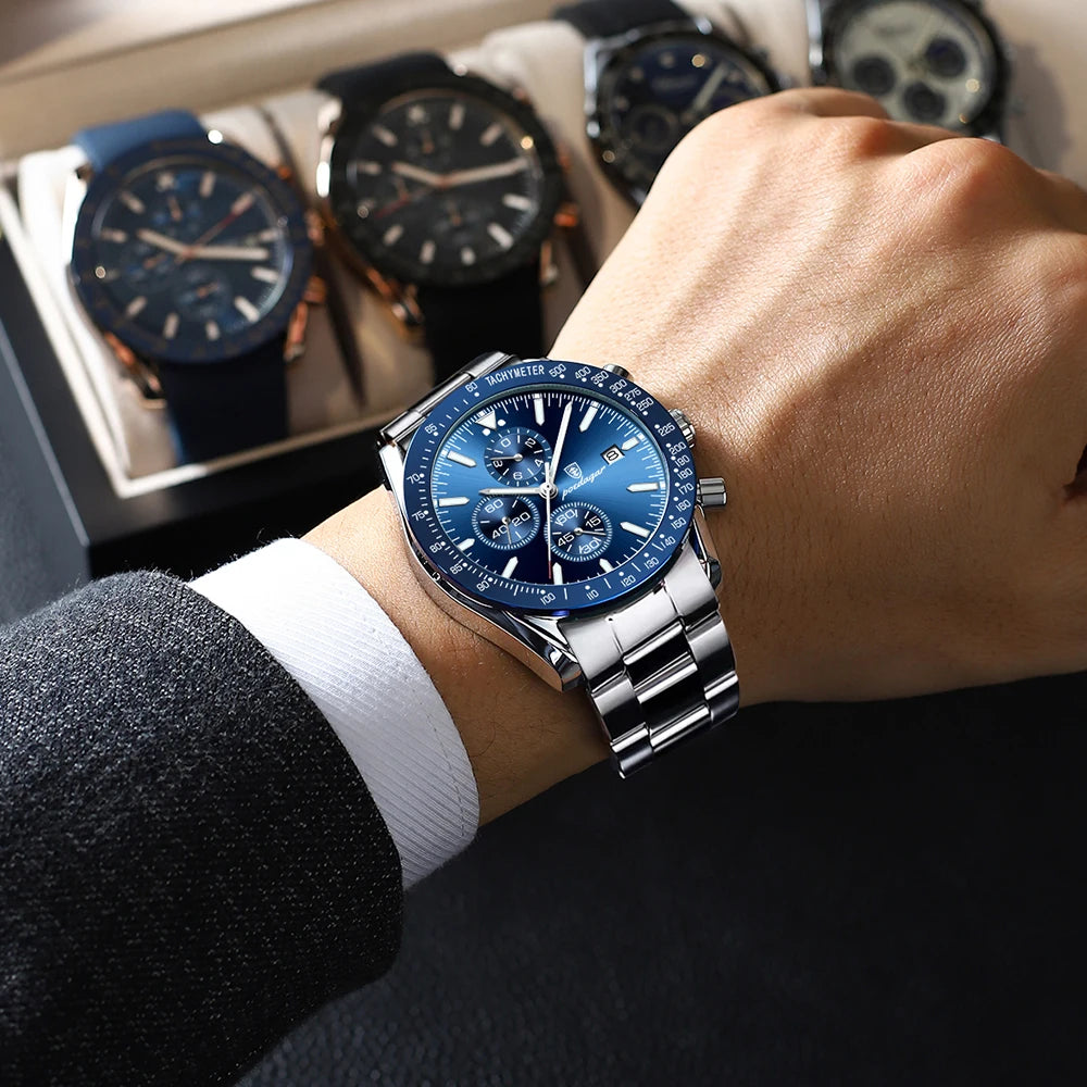 Dress Chronograph Watch – Luminous Dial with Safety Clasp Bracelet