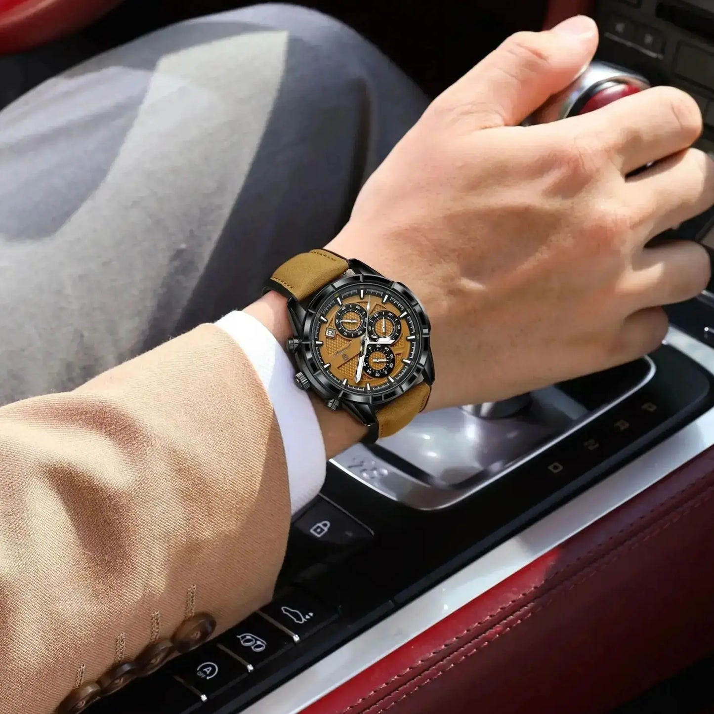 Large Chronograph Watch – Arabic Dial with Leather Strap & Date