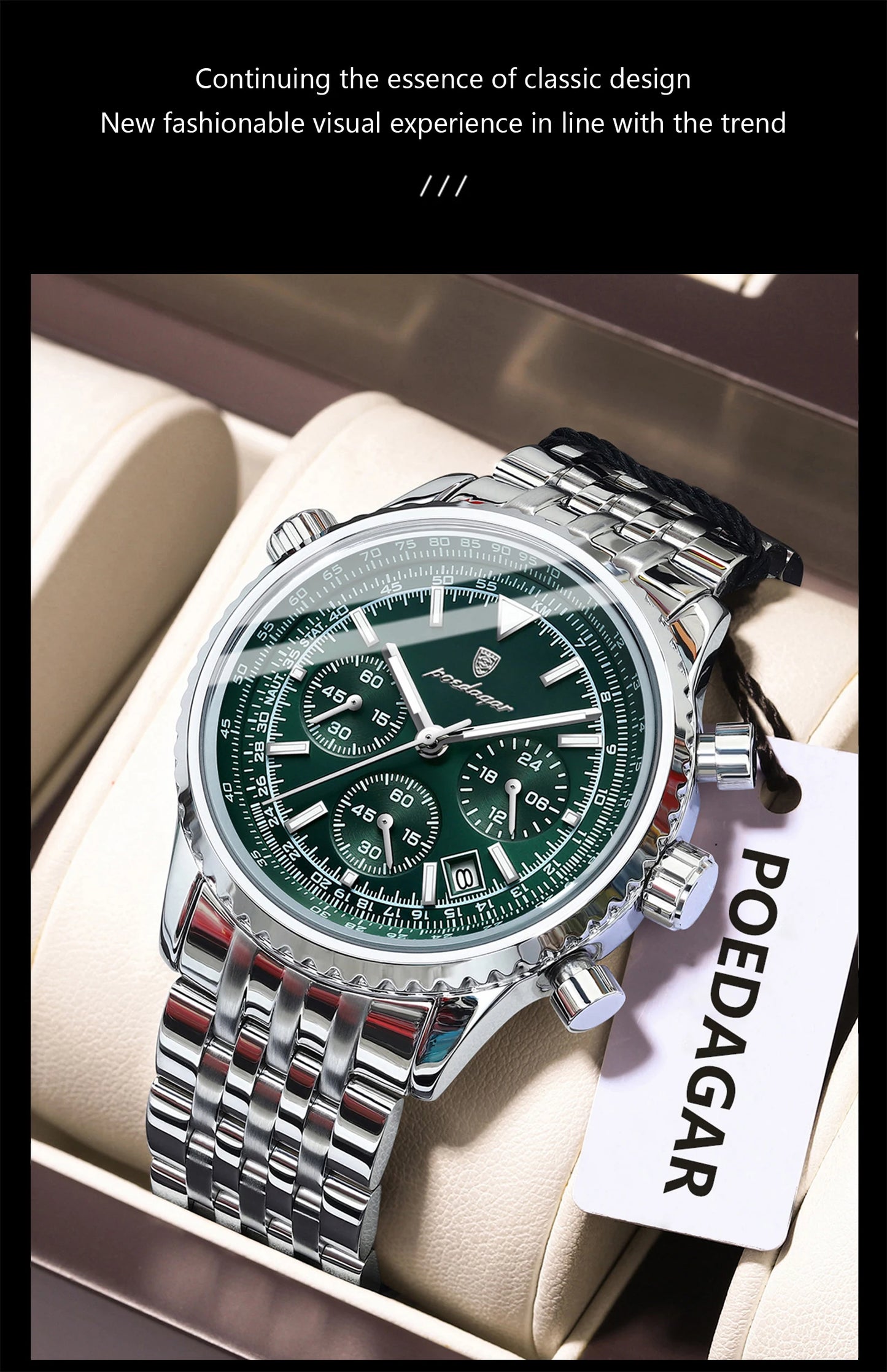 Chronograph Date Watch – Luminous Numberless Dial with Hidden Clasp Bracelet