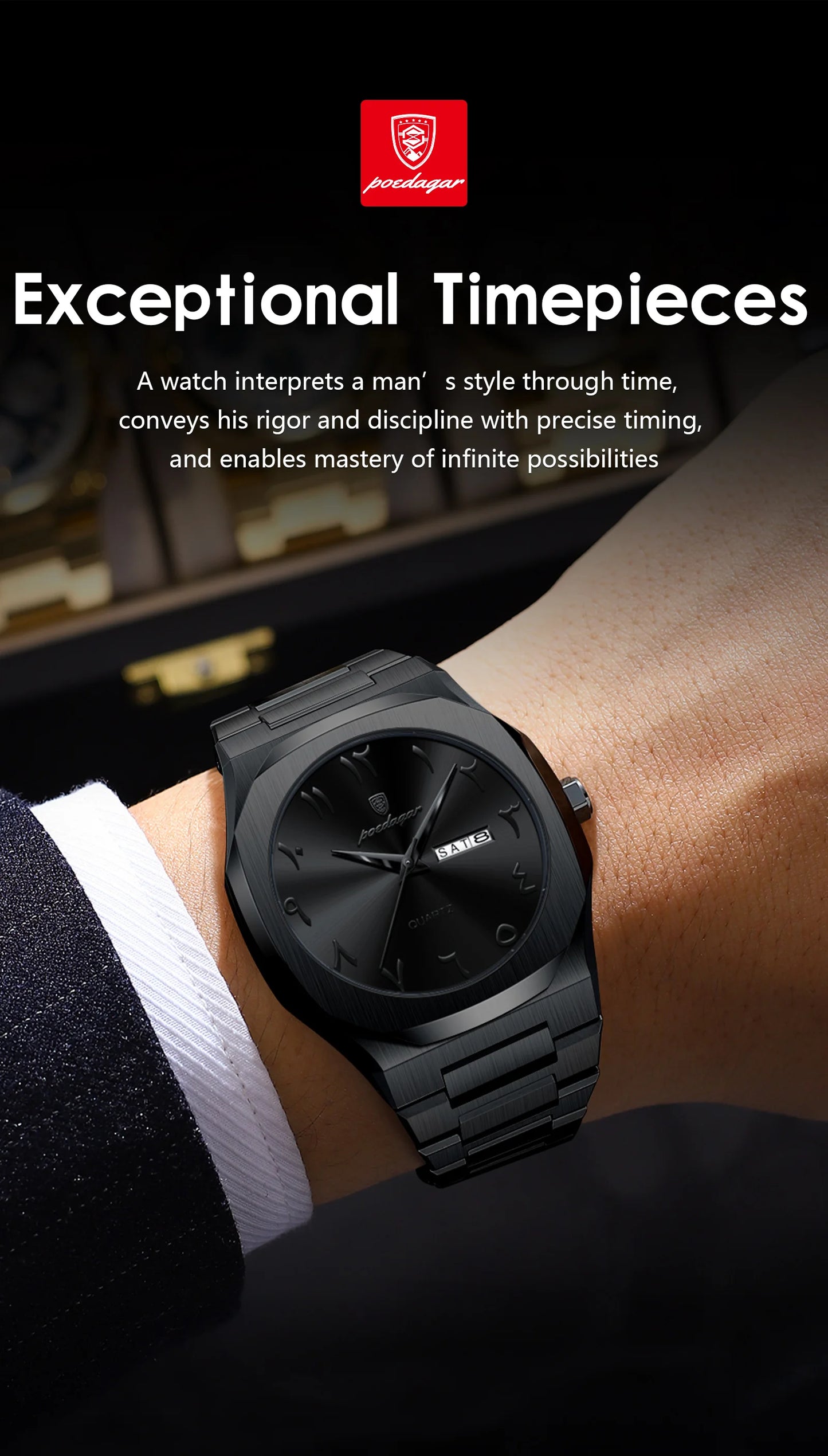 Irregular Shape Stainless Steel Watch – Full Calendar with Date & Week Display