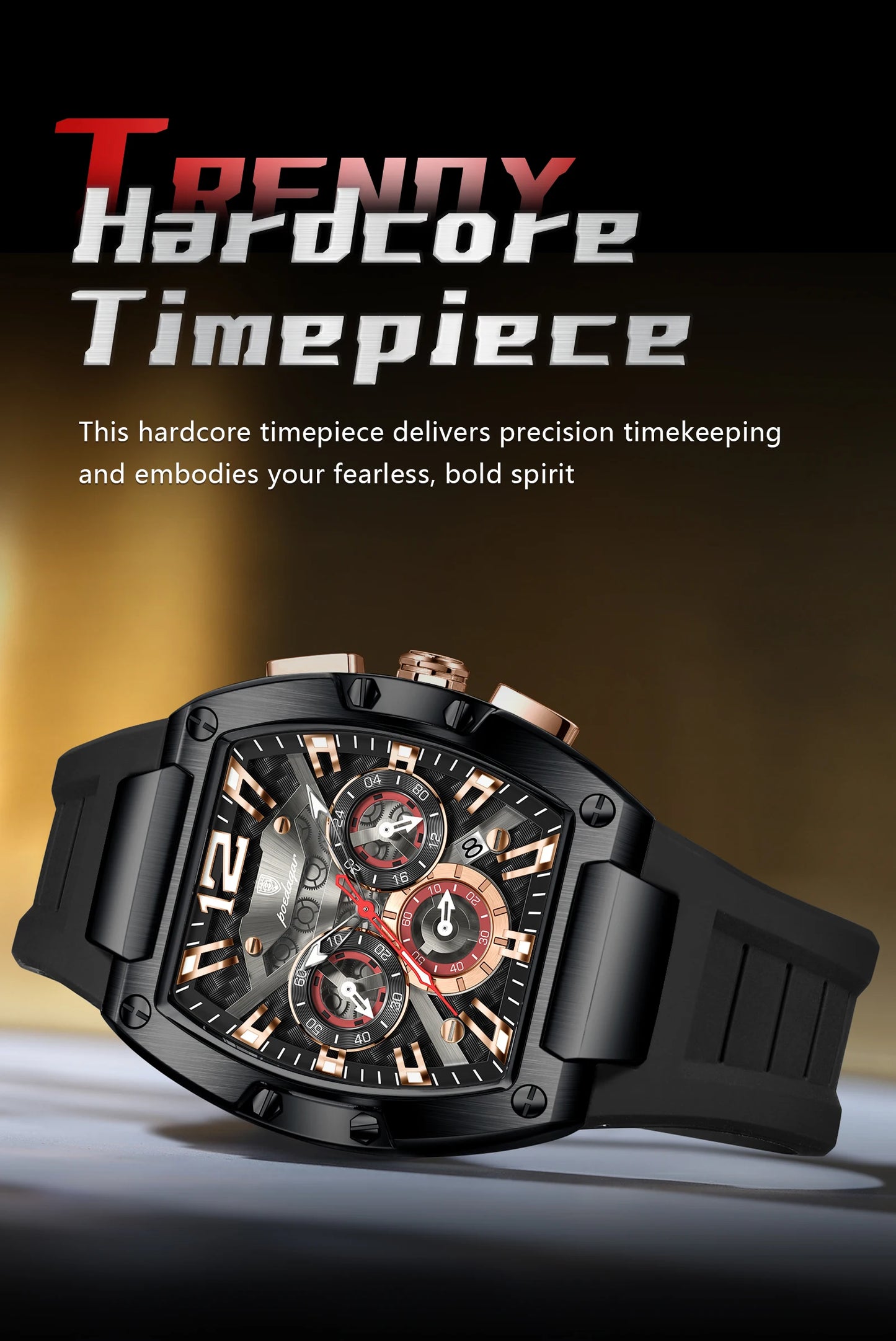Tonneau Chronograph Watch – Roman Numeral Dial with Sapphire Crystal & Silicone Strap