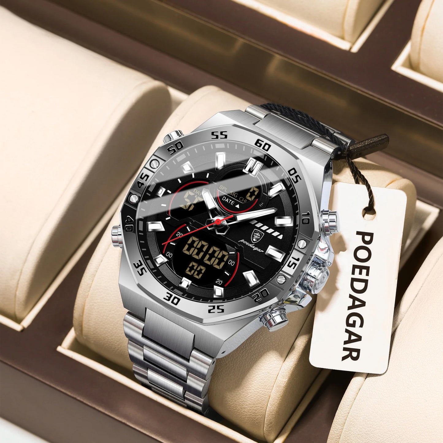 LED Analog-Digital Chronograph Watch – Full Calendar with Alarm & Bracelet