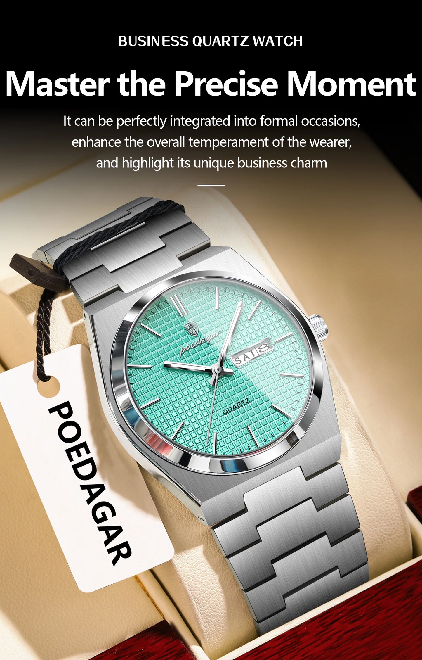Full Calendar Stainless Steel Watch – Luminous Dial with Hidden Clasp Bracelet
