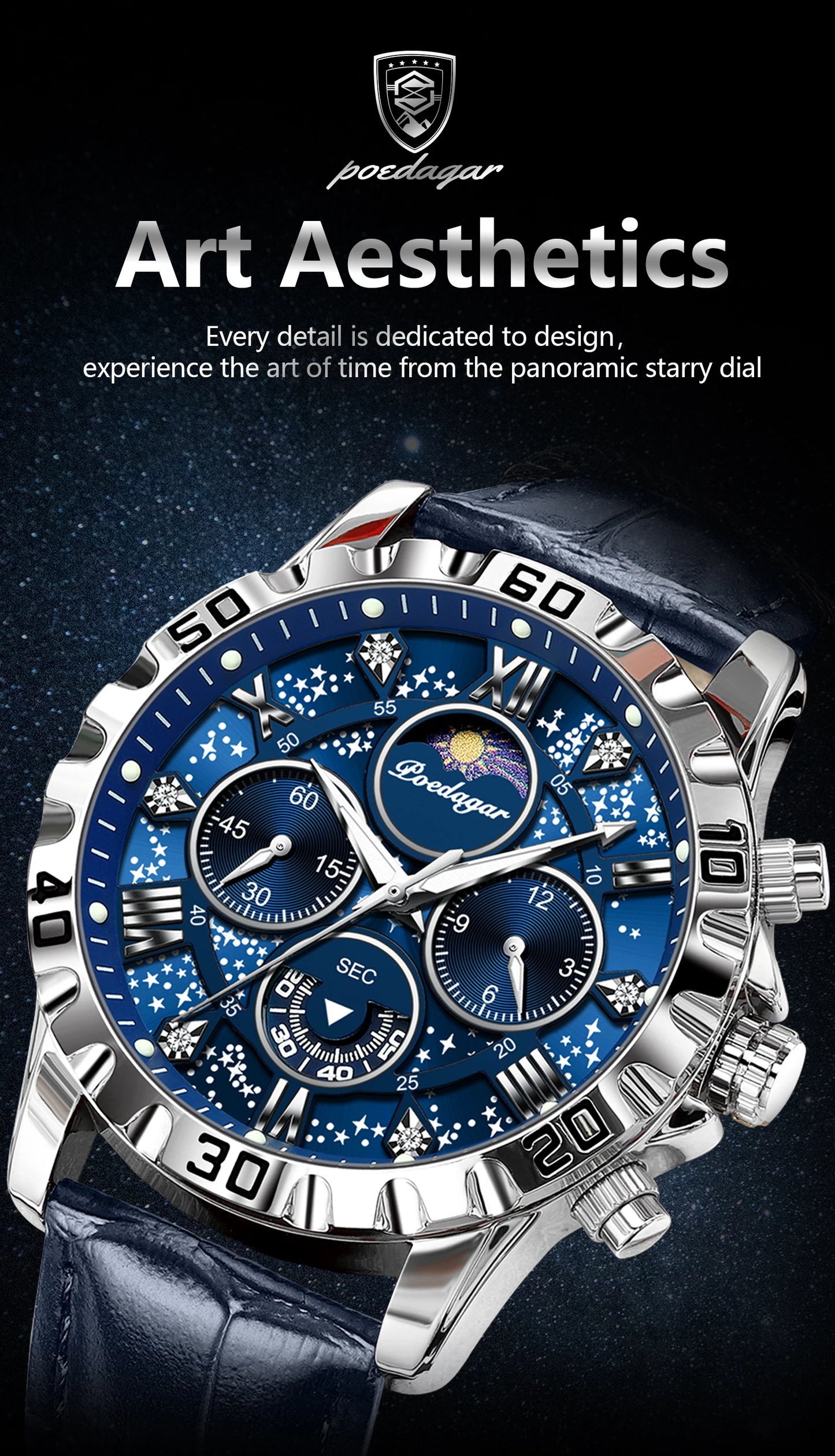 Chronograph Watch with Multiple Time Zone – Leather Strap & Sapphire Crystal
