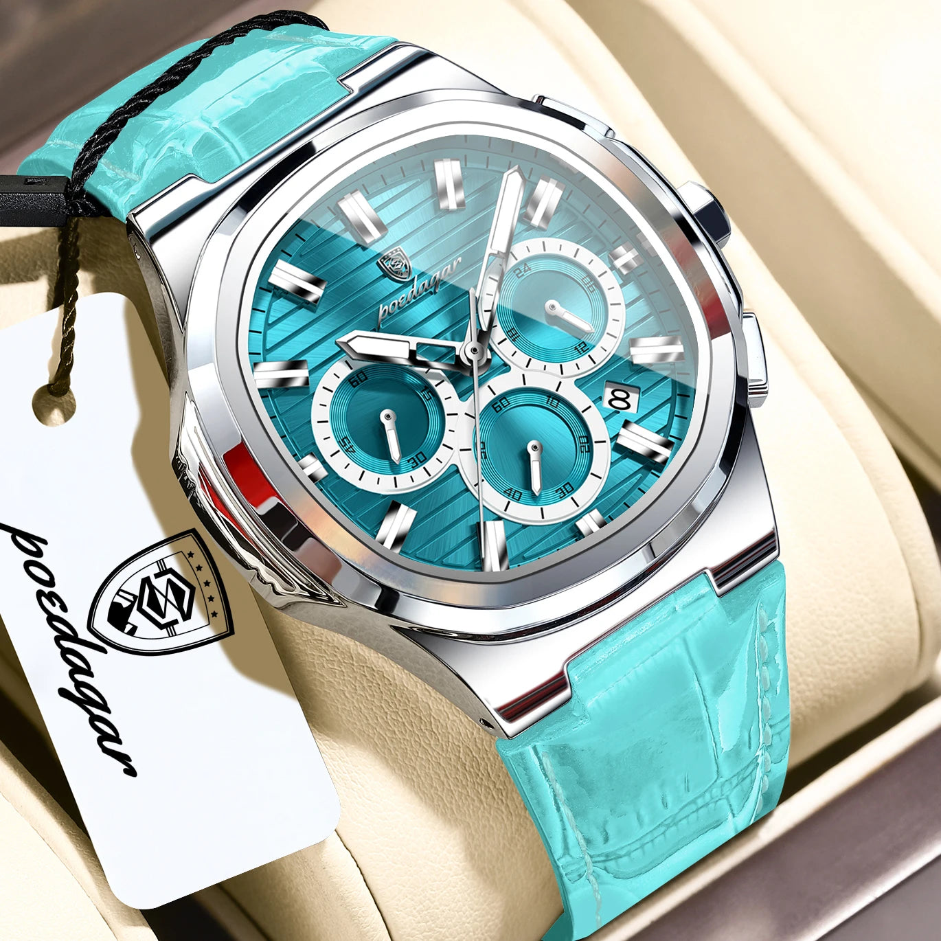 Square Chronograph Watch – Luxe Leather Strap with Luminous Dial & Date