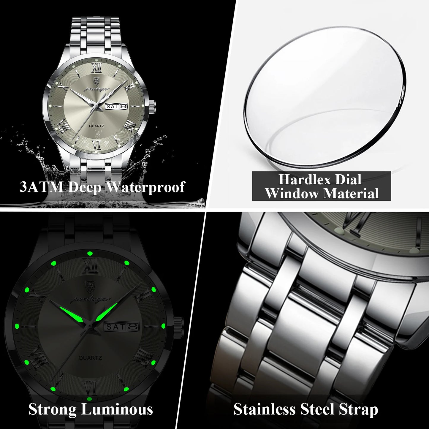 Roman Numeral Full Calendar Watch – Luminous Dial with Hidden Clasp Bracelet