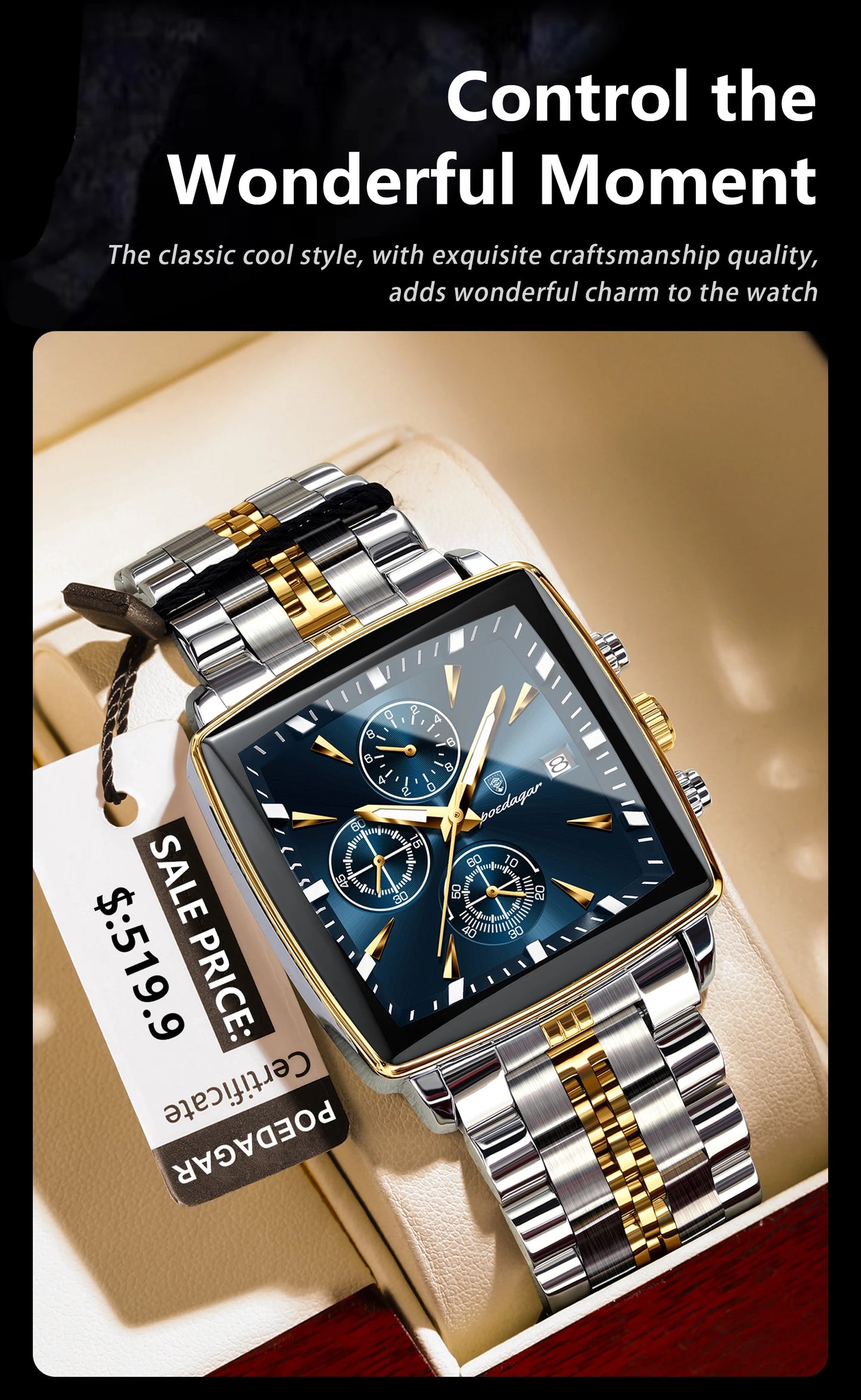 Square Chronograph Watch – Bold Numberless Dial with Hidden Clasp Bracelet