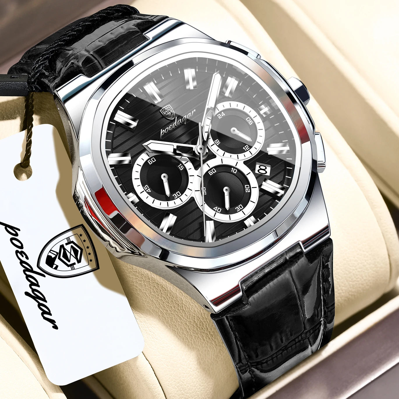 Square Chronograph Watch – Luxe Leather Strap with Luminous Dial & Date