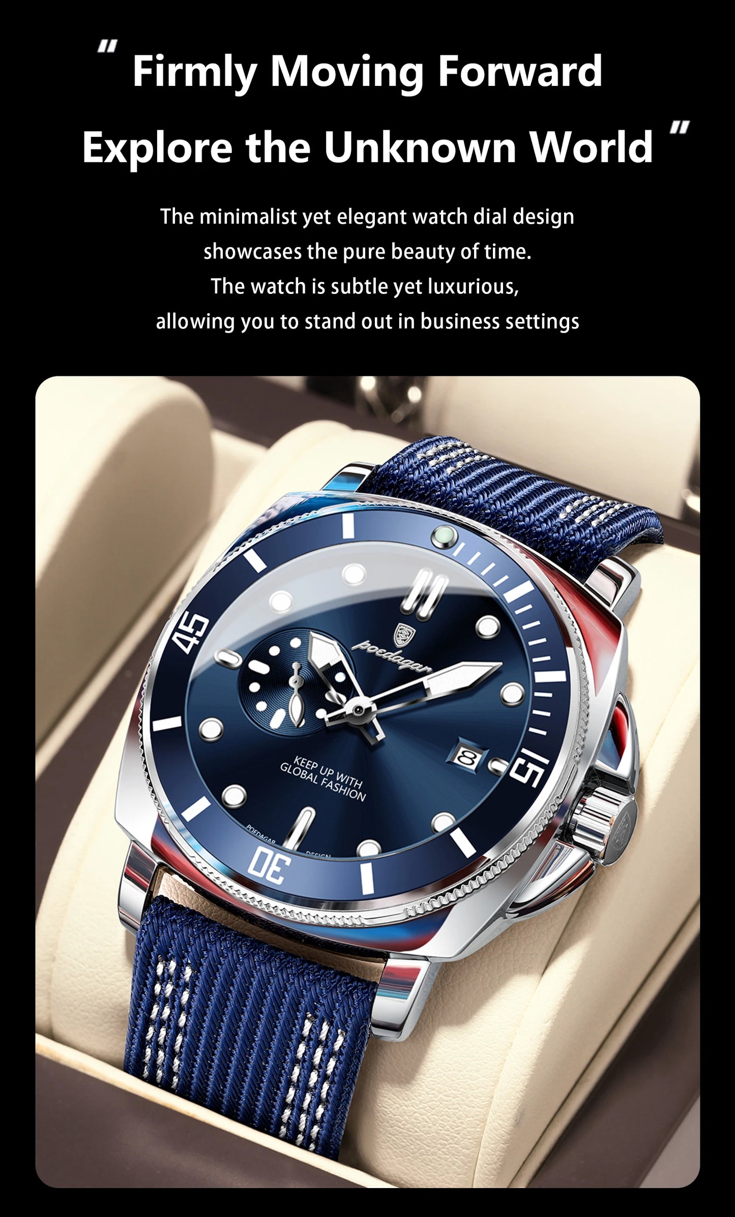 Nylon Strap Business Watch – Luminous Dial with Date & Hidden Clasp
