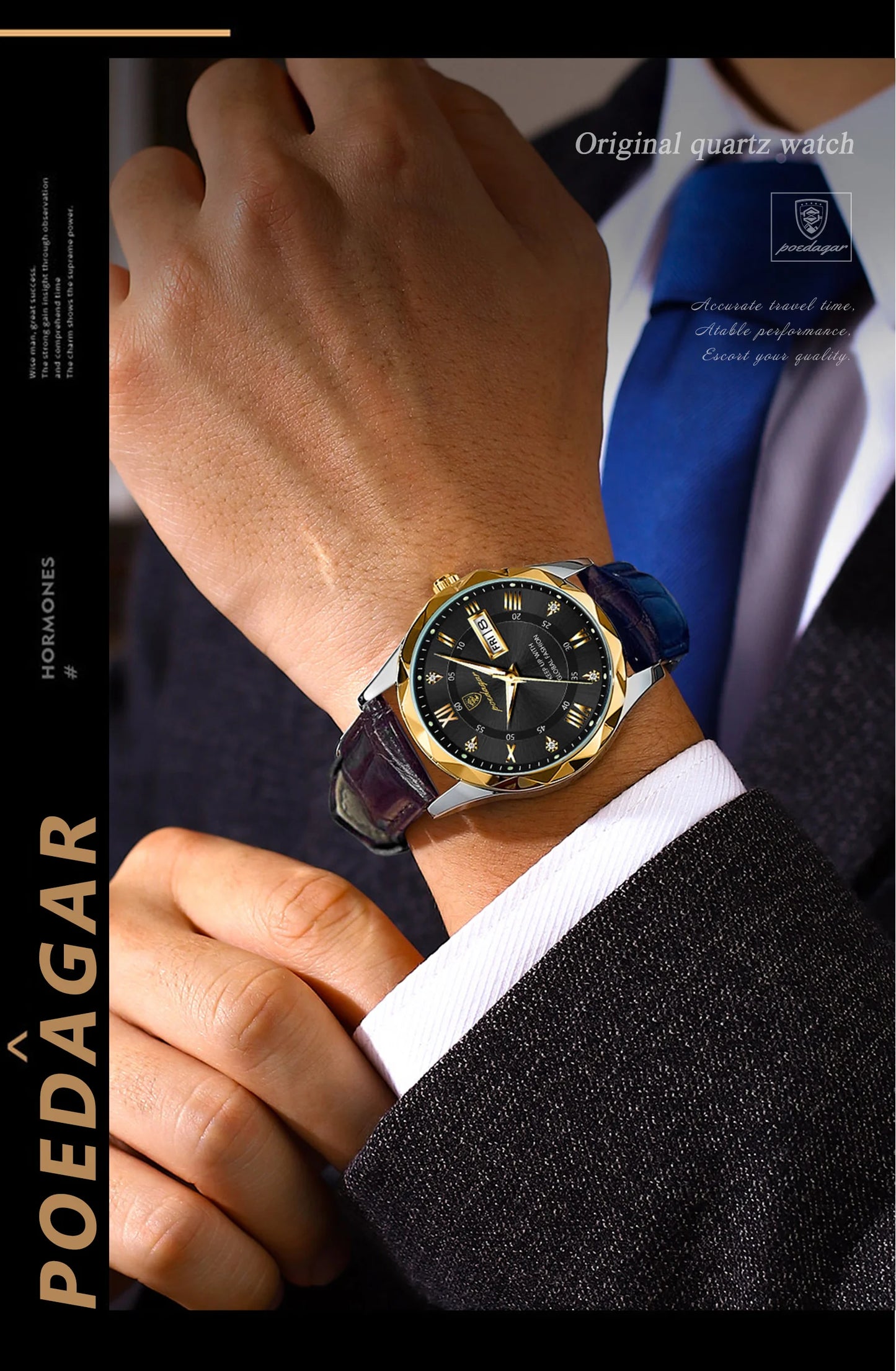 Roman Numeral Full Calendar Watch – Leather Strap with Date, Week & Luminous Dial